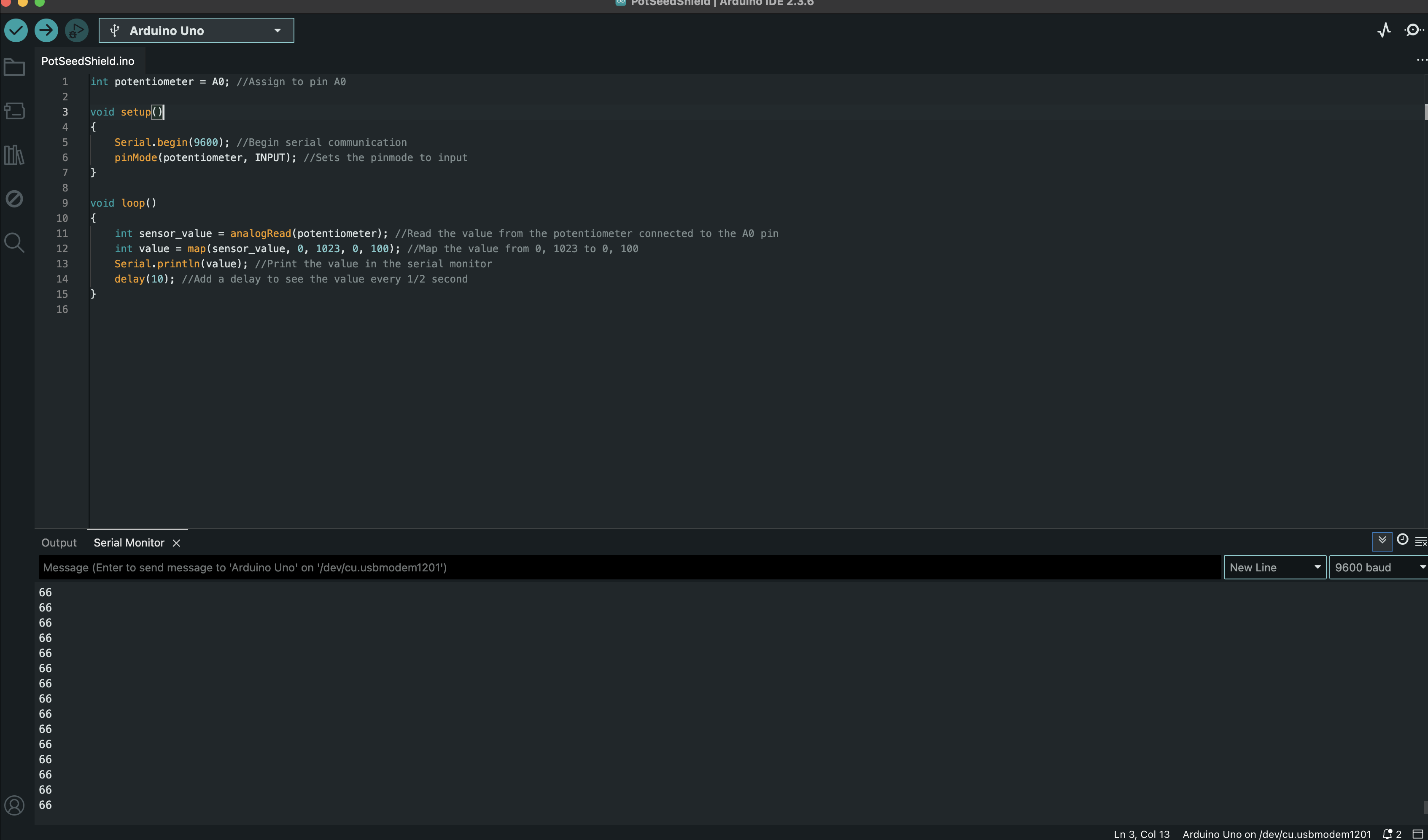 In the Activity 3 we connected Arduino to a more robust digital interface using TouchDesigner, but first we had to make sure that our potentiometer on the Arduino worked. <a href='https://www.youtube.com/watch?v=opkBYNCWBq0' target='_blank'><p>Video Demo</p></a>