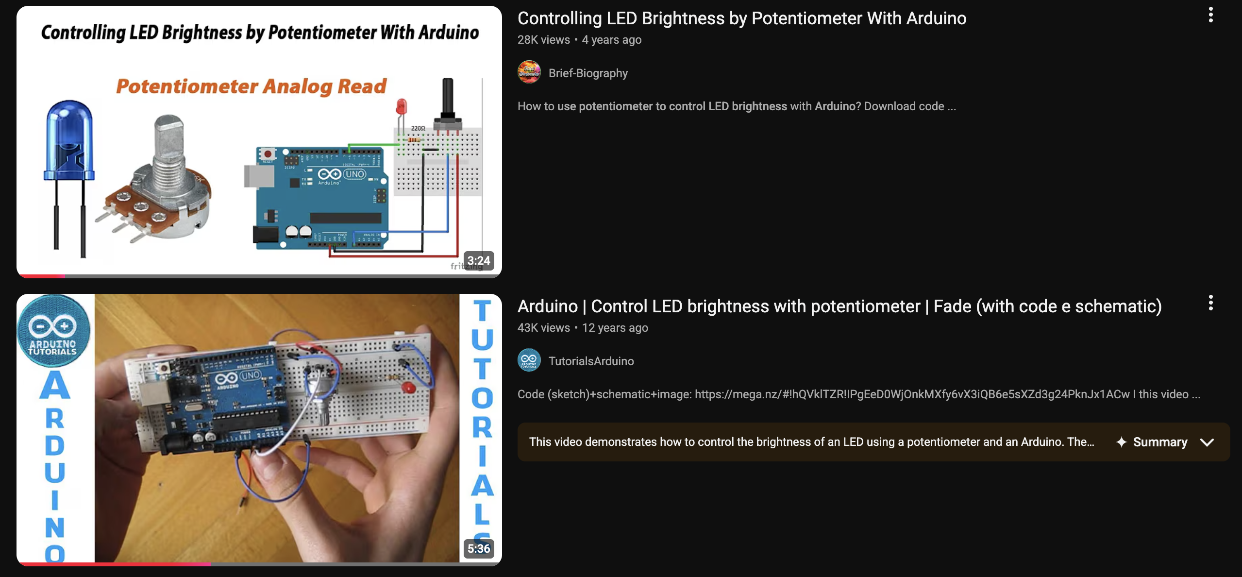 The 2 videos which were of incredible help when figuring out the code and logic behind controlling LEd's with potentiometers. <br> <a href='https://www.youtube.com/watch?v=DLCDGCe7FRA' target='_blank'><p>Video 1</p></a> <a href='https://www.youtube.com/watch?v=DGb6C2XgQ-s' target='_blank'><p>Video 2</p></a>