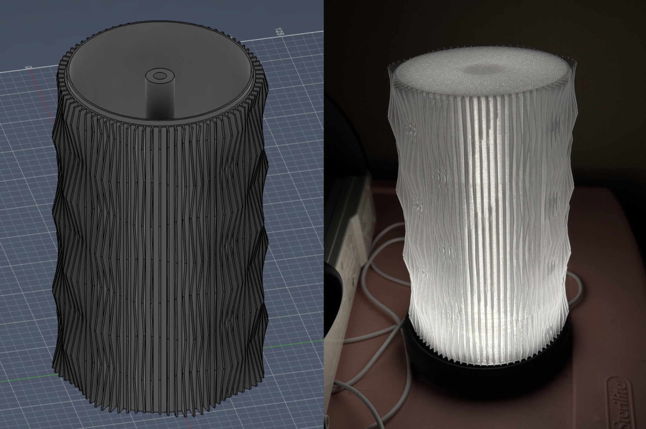First lampshade that I modelled in Fusion360, test printed in translucent PETG, and tested against a light source for light dispersion.