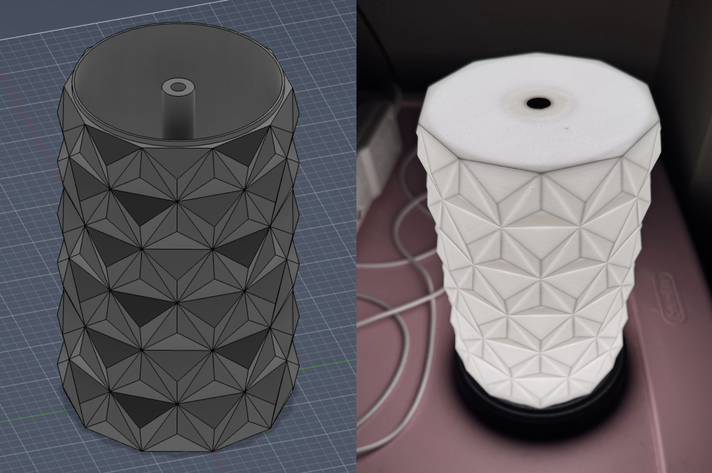 Second lampshade that I modelled in Fusion360, test printed in white PLA, and tested against a light source for light dispersion.