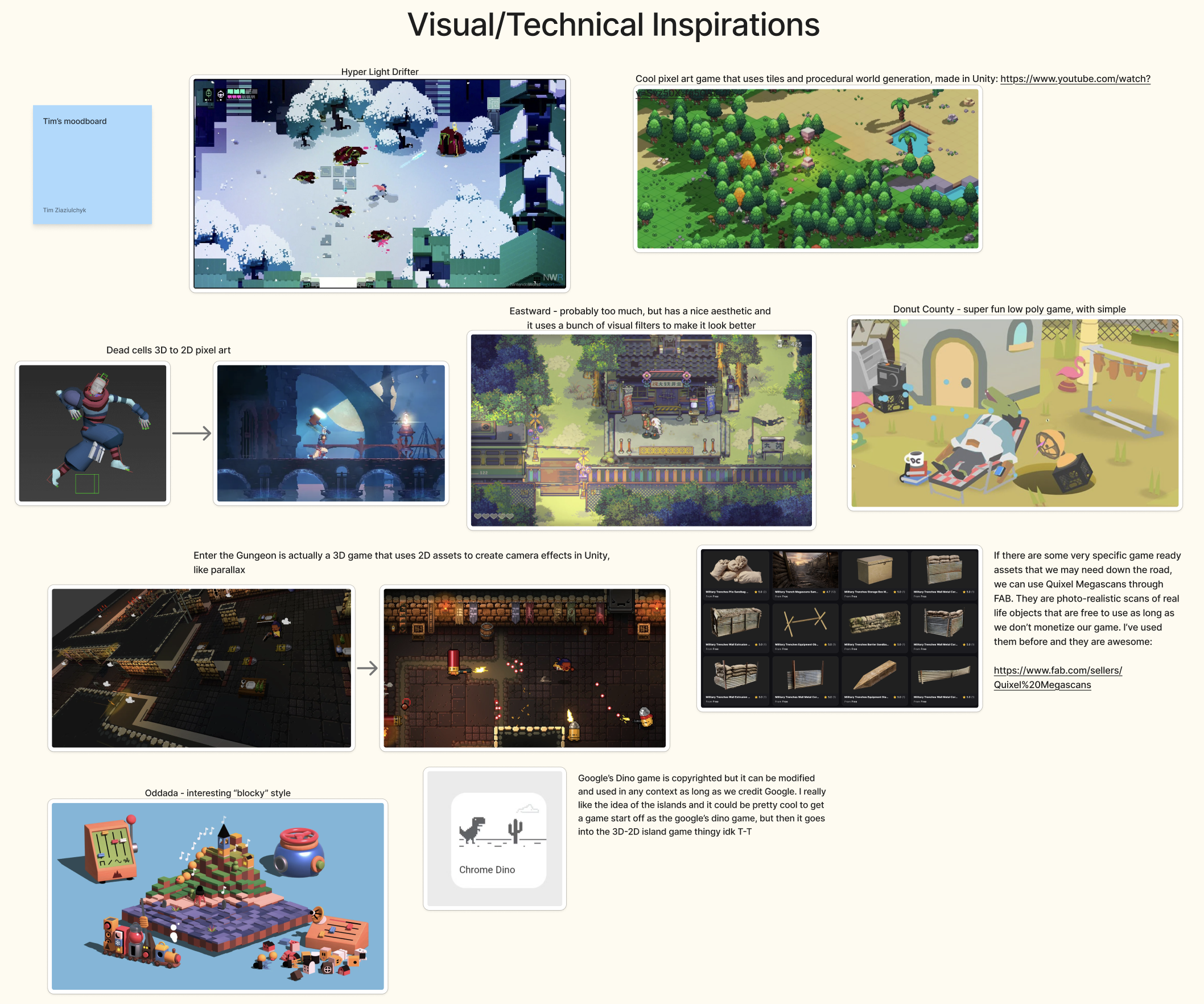 My first part of the moodboard focused primarily on visual and technical inspiration. I'm a huge fan of games that are within similar genre and aesthetic of our project, so most of these are examples of games that I've played before. They have great art style, interesting mechanics, clever ways of using 3D assets in a 2D environment or vice versa, and more.